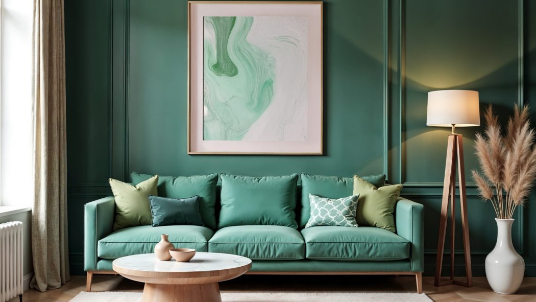 Créer un coin cosy dans un salon vert avec des accessoires déco
