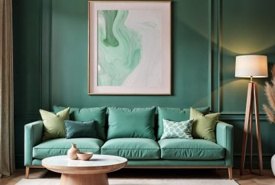 Créer un coin cosy dans un salon vert avec des accessoires déco